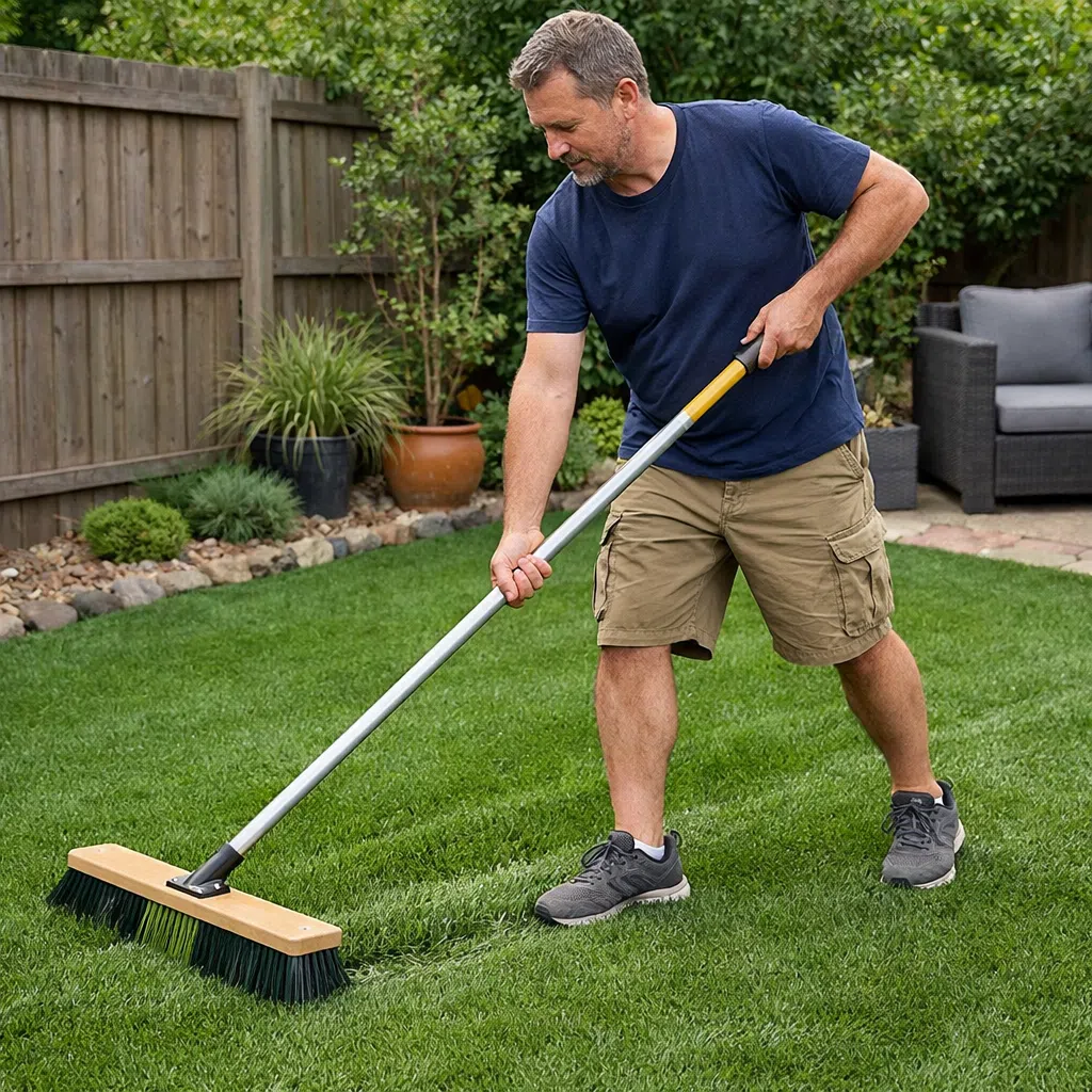 a man brushing artificial grass a man brushing artificial grass