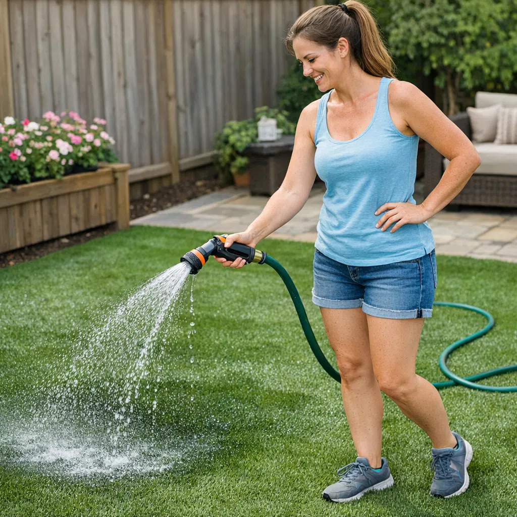 a woman washing artificial grass a woman washing artificial grass