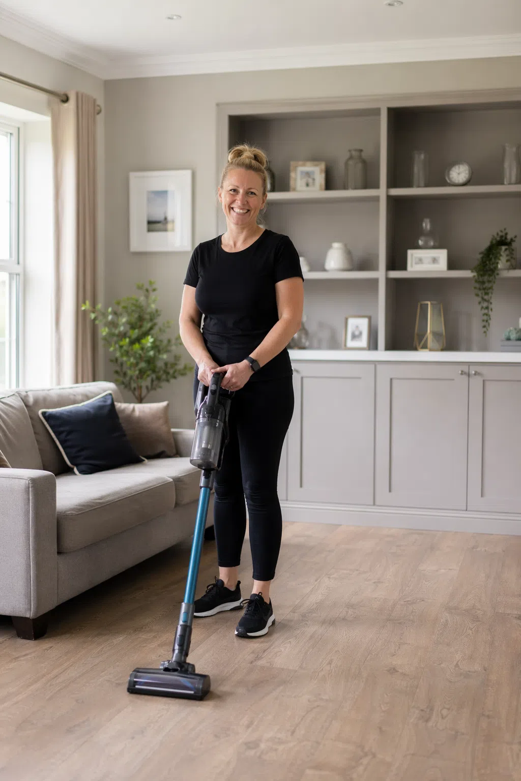 domestic cleaner in Manchester hoovering a stair case